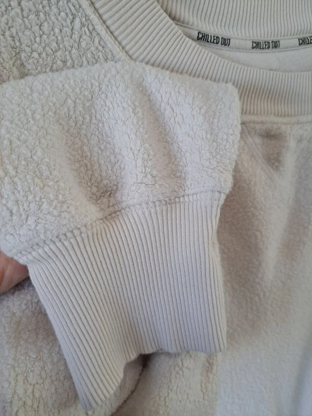 Aerie Chilled Out Large Beige Sherpa Sweatshirt Ribbed Side Panels Women's Cozy - Picture 4 of 11